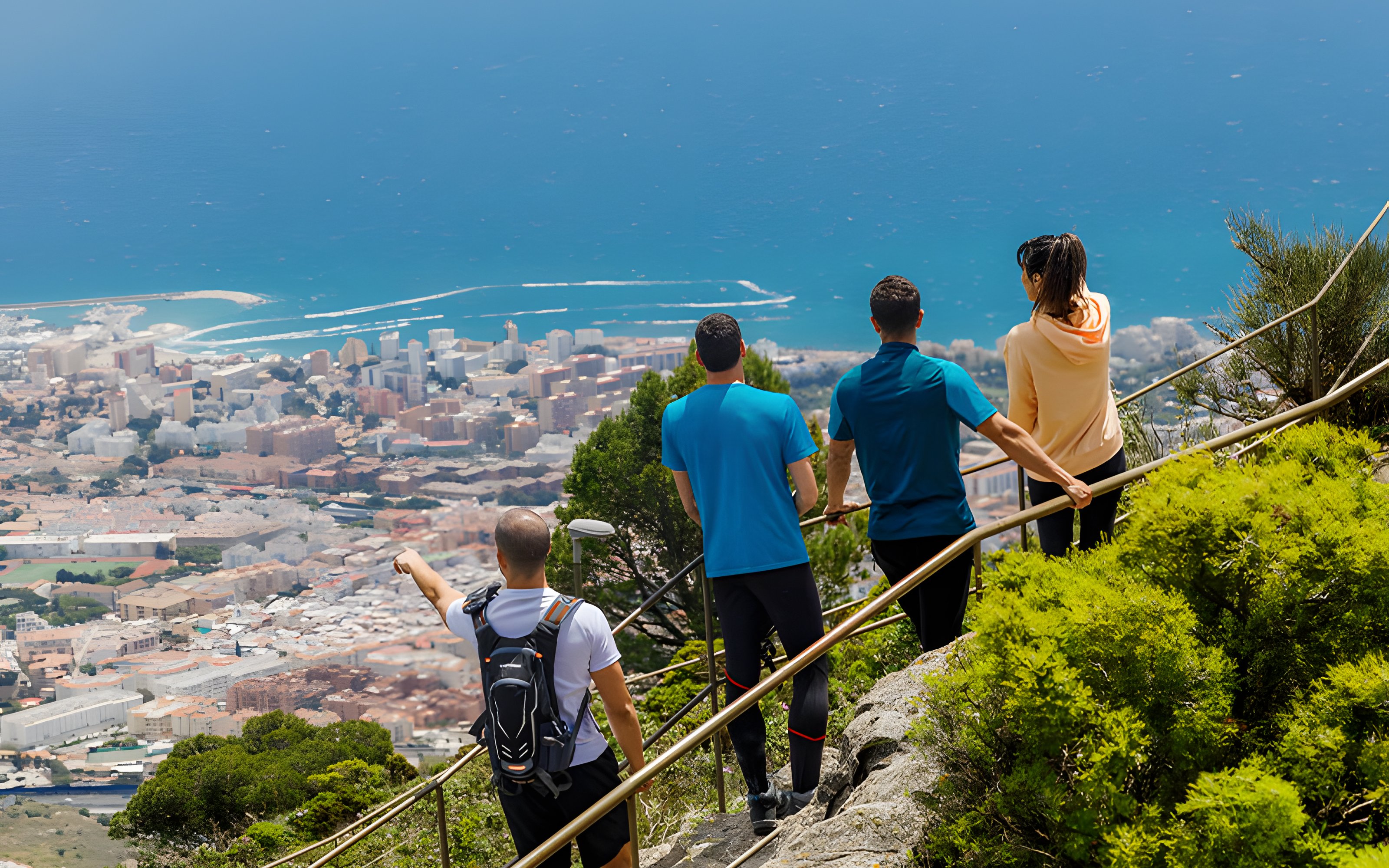 Group hiking on Monte Calamorro with views of the city and sea, Spain.