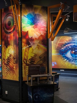 Tech Dome Penang exhibit with colorful geometric patterns and digital displays.