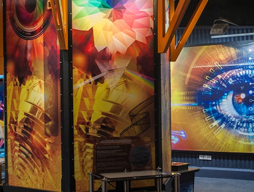 Tech Dome Penang exhibit with colorful geometric patterns and digital displays.