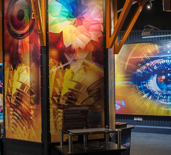 Tech Dome Penang exhibit with colorful geometric patterns and digital displays.