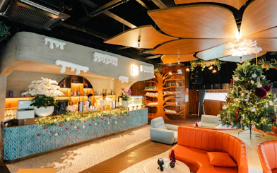 Lounge area of Dolphin cruise with festive decor, bar, and seating.