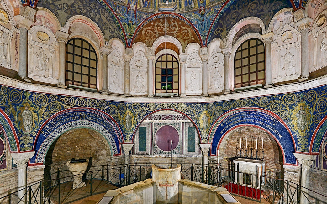 Mosaics and architectural details inside the Battistero Neoniano, Ravenna.