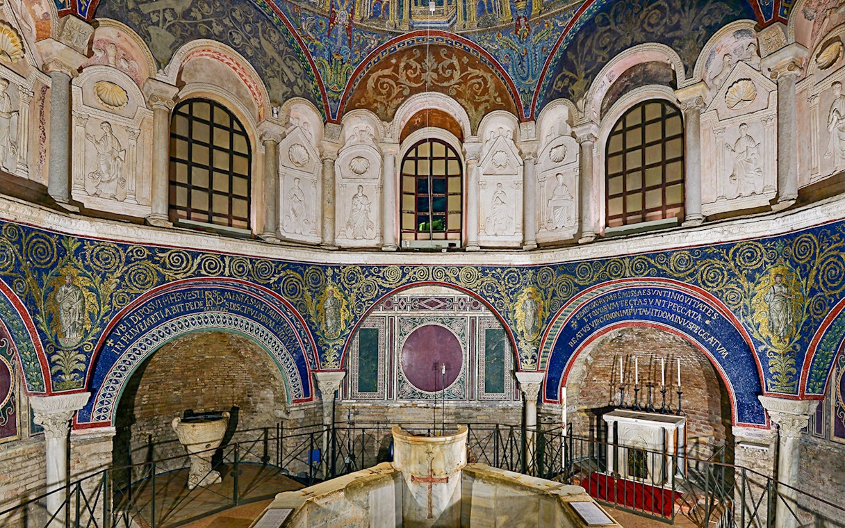 Mosaics and architectural details inside the Battistero Neoniano, Ravenna.