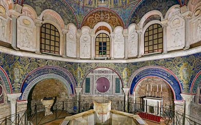 Mosaics and architectural details inside the Battistero Neoniano, Ravenna.