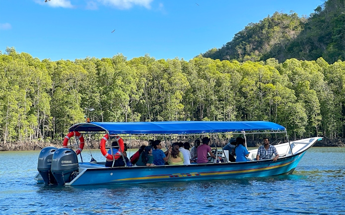 Tour boat with passengers cruising through mangrove forest river on Langkawi tour.