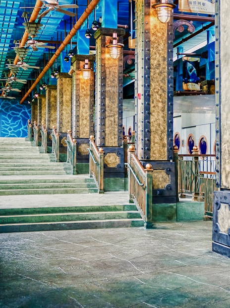 Ocean Express funicular station at Ocean Park, Hong Kong, with decorative pillars and blue-themed design.