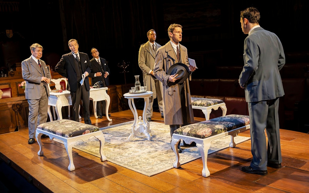 Stage scene from "Witness for the Prosecution" in West End courtroom setting.