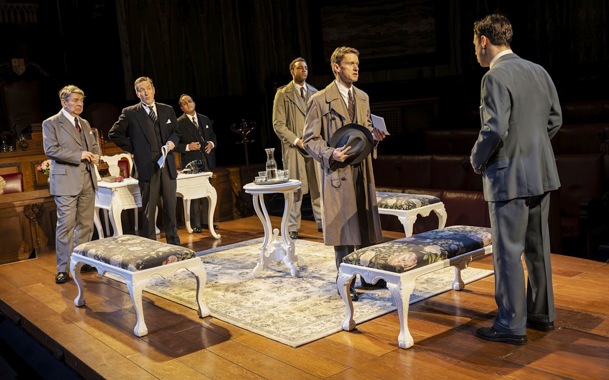 Stage scene from "Witness for the Prosecution" in West End courtroom setting.