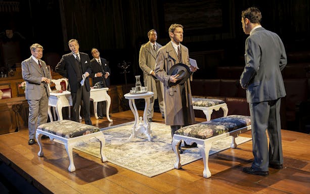 Stage scene from "Witness for the Prosecution" in West End courtroom setting.