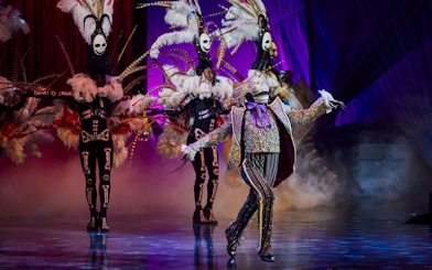 Performer in elaborate costume during Kooza show in Brisbane.
