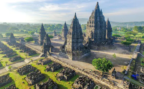 Prambanan Temple complex in Yogyakarta, Indonesia, showcasing ancient Hindu architecture.