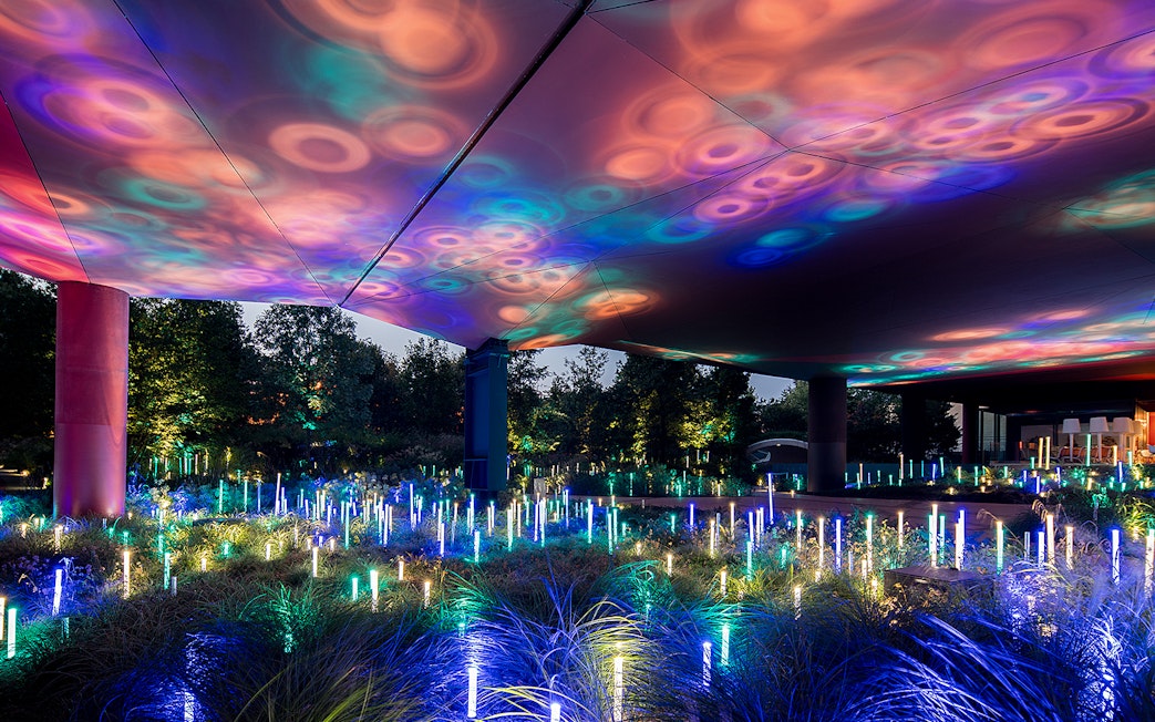 Colorful light installation at Quai Branly – Jacques Chirac Museum, Paris.