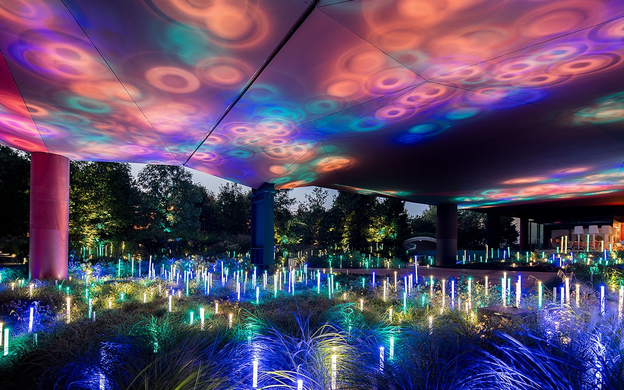 Colorful light installation at Quai Branly – Jacques Chirac Museum, Paris.