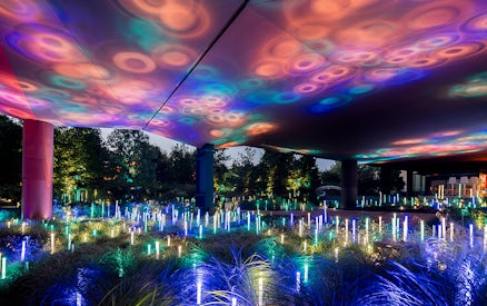 Colorful light installation at Quai Branly – Jacques Chirac Museum, Paris.