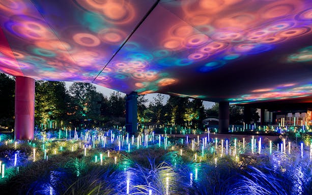 Colorful light installation at Quai Branly – Jacques Chirac Museum, Paris.