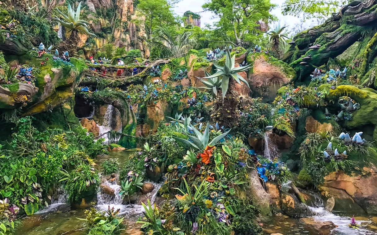 Pandora's lush landscape with waterfalls and exotic plants at Disney's Animal Kingdom, Orlando.