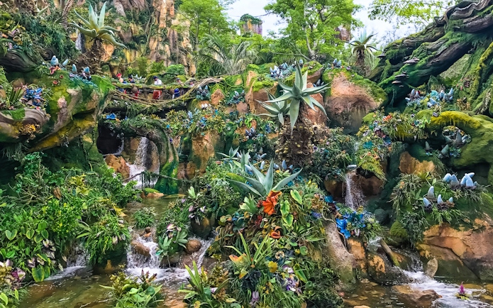 Pandora's lush landscape with waterfalls and exotic plants at Disney's Animal Kingdom, Orlando.