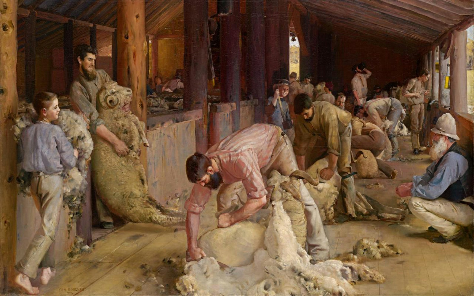 Sheep shearing scene at National Gallery of Victoria, showcasing workers in a shearing shed.