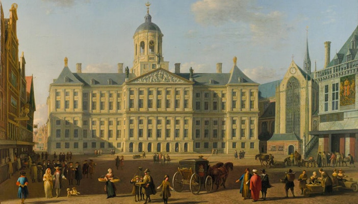European city square with people and horse-drawn carriage, National Gallery of Victoria painting.