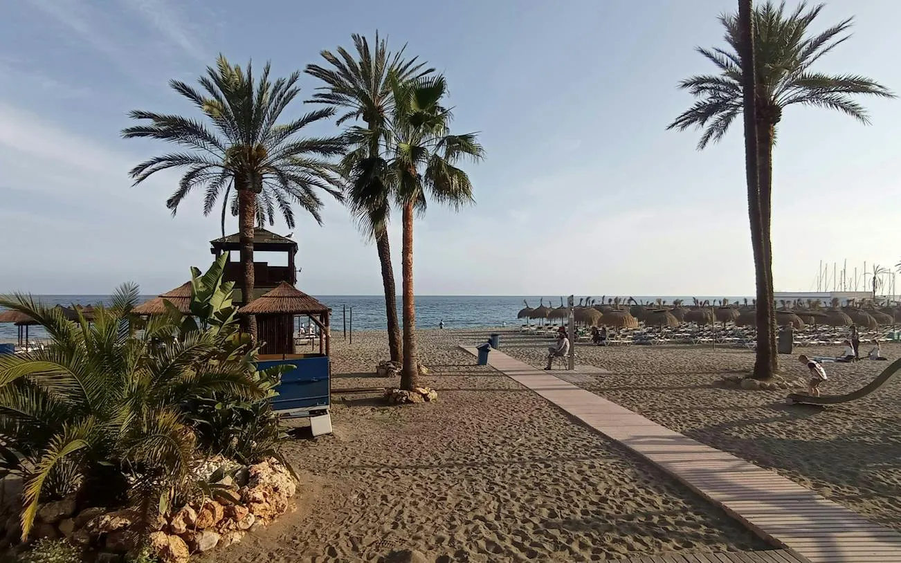 Beachfront with palm trees and boardwalk in Marbella, part of the Mobster Mission city exploration game.