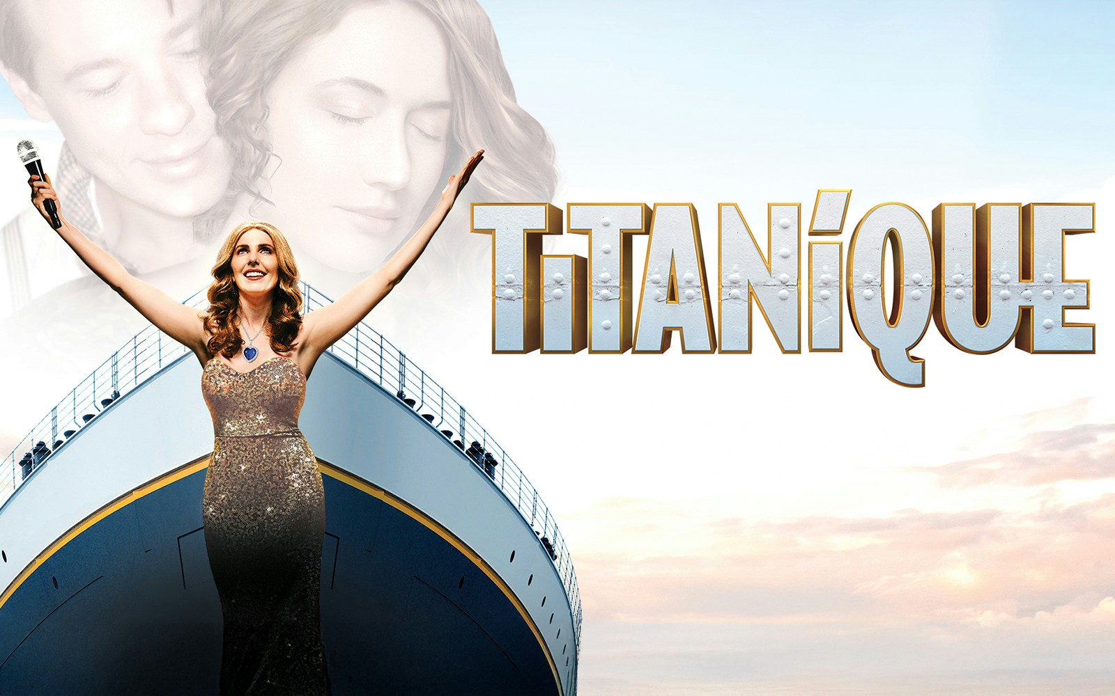 Performer on ship with Titanique logo in background