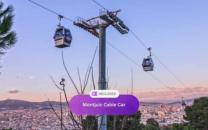 Montjuic Cable Car with Barcelona cityscape in the background.
