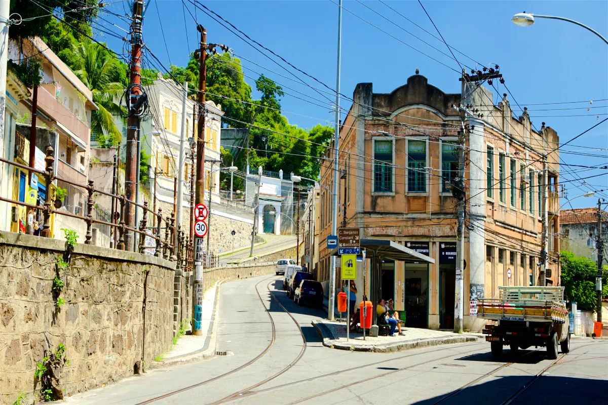 Santa Teresa street with tram tracks and historic buildings, Rio de Janeiro.