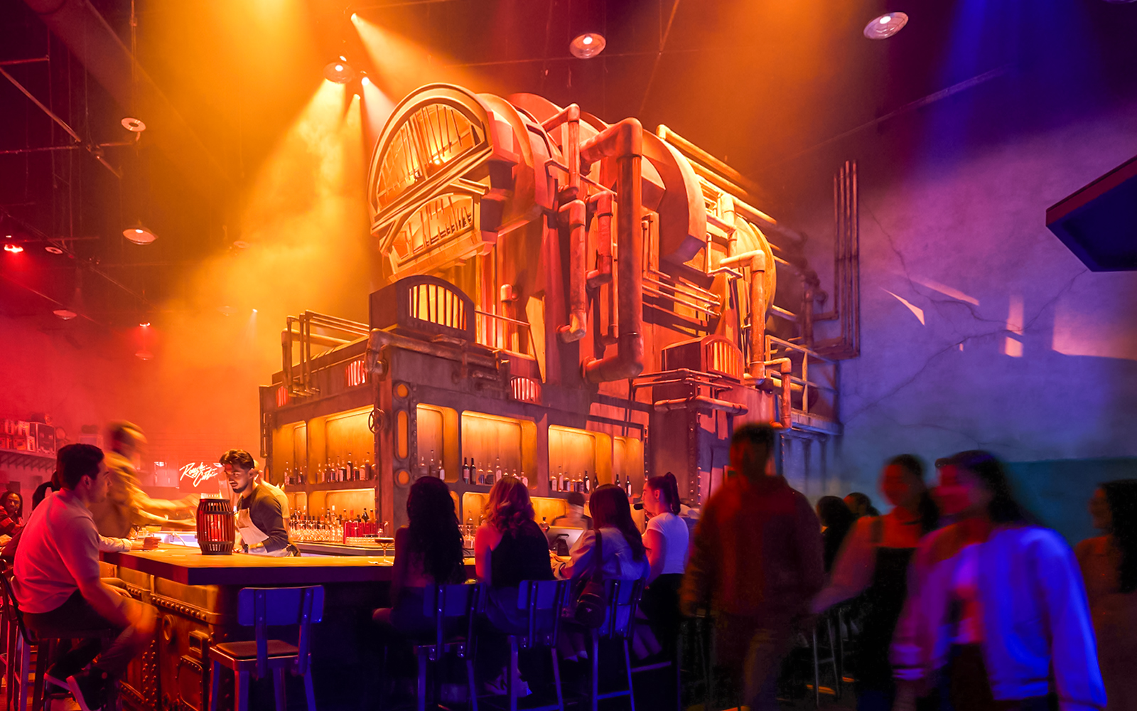 Bar scene at Universal Horror Unleashed, Las Vegas, with patrons enjoying drinks under dramatic lighting.