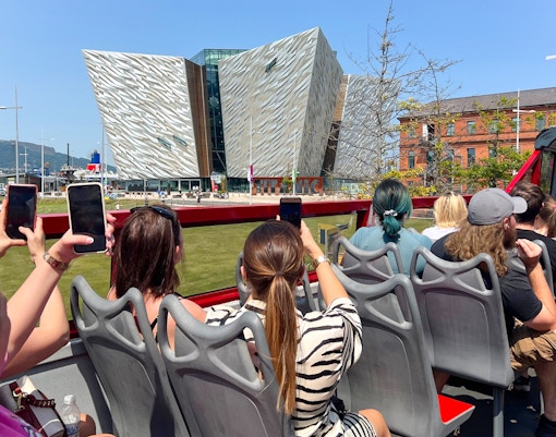 Hop-on hop-off bus near Titanic Museum in Belfast.