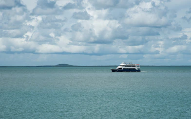 Cruise ship sailing on Darwin Harbour under cloudy skies.