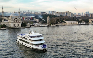 Luxury cruise ship on the Bosphorus with Istanbul skyline and mosque in the background.