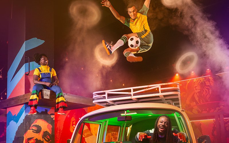 Performer jumping with soccer ball at Bob Marley The Show, Vegas.