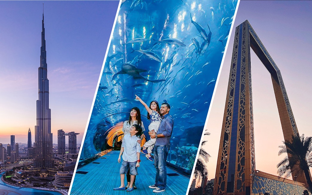 Burj Khalifa skyline, family at Dubai Aquarium, Dubai Frame at sunset.