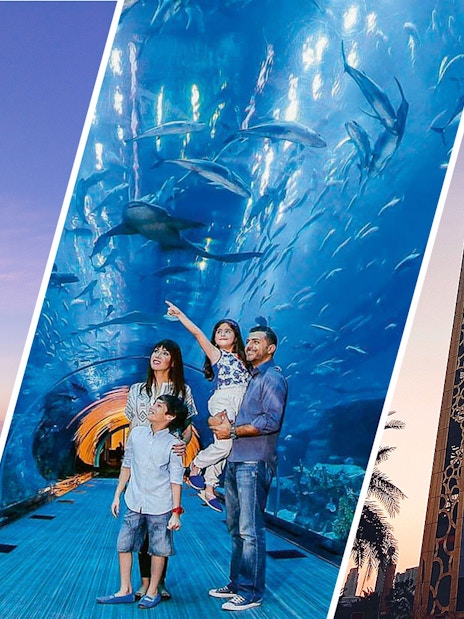 Burj Khalifa skyline, family at Dubai Aquarium, Dubai Frame at sunset.