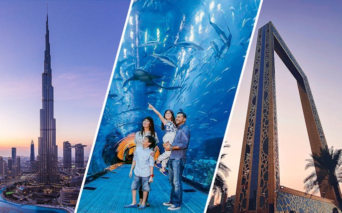 Burj Khalifa skyline, family at Dubai Aquarium, Dubai Frame at sunset.