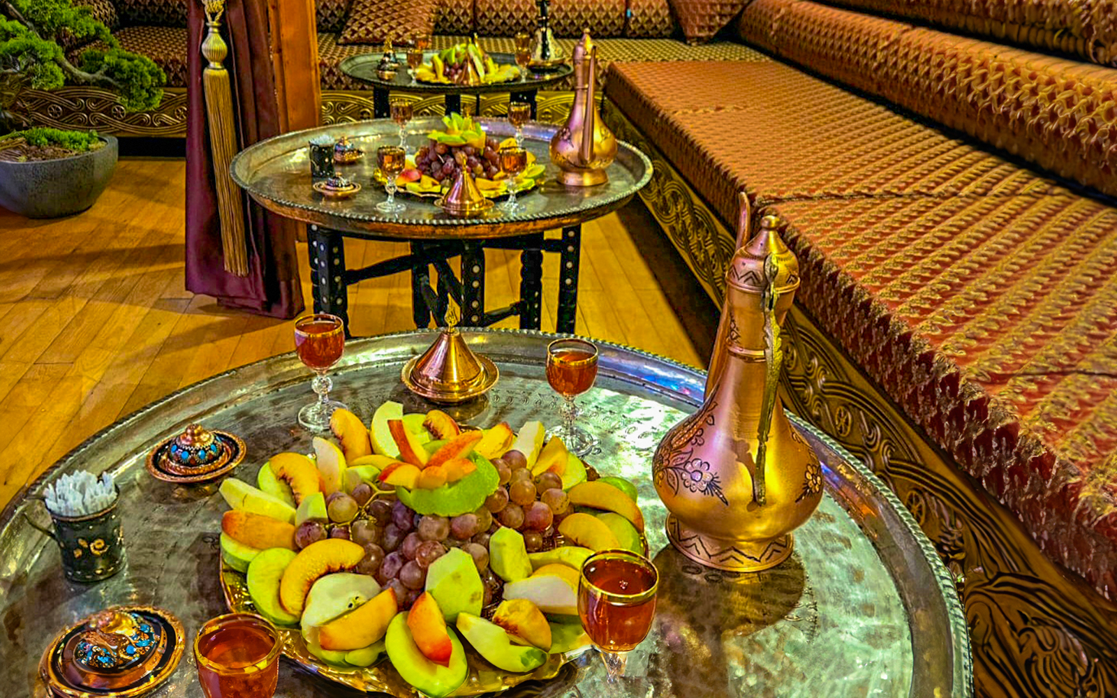 Fruit platter and traditional decor inside Gedikpasa Historical Hammam.