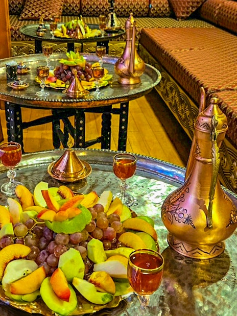 Fruit platter and traditional decor inside Gedikpasa Historical Hammam.