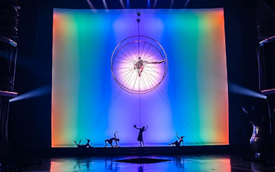 Acrobats performing under a large wheel with colorful lights in "Drawn to Life" show.