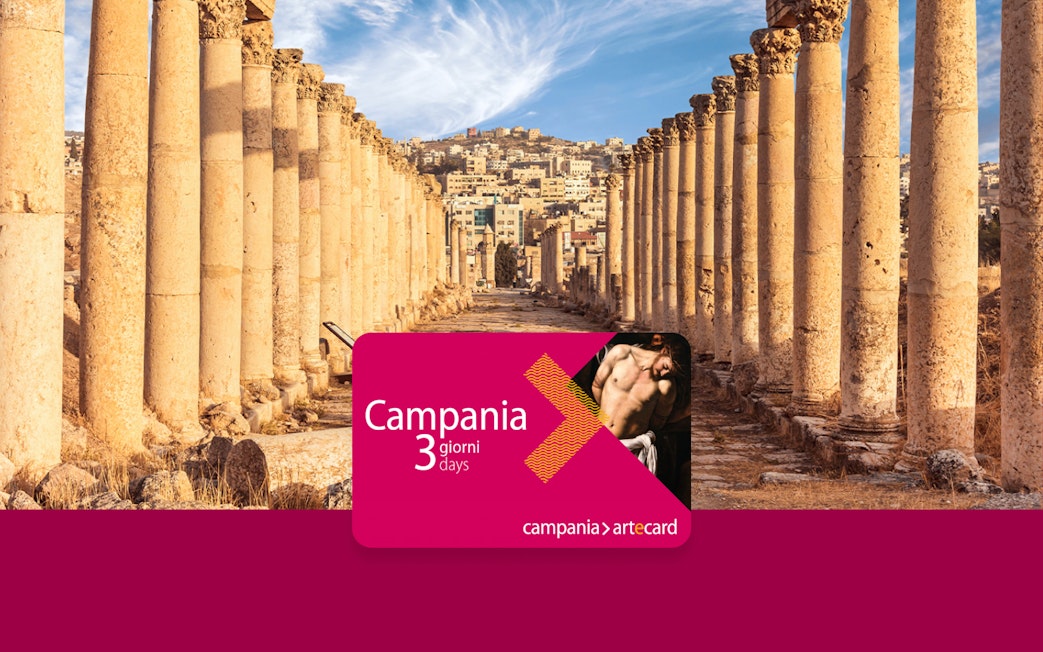 Ancient columns in Campania with Artecard Campania pass in foreground.