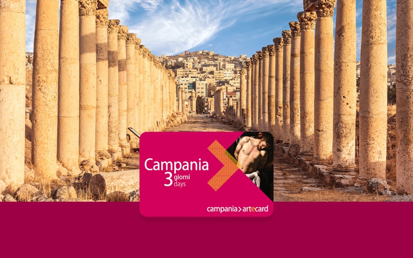 Ancient columns in Campania with Artecard Campania pass in foreground.