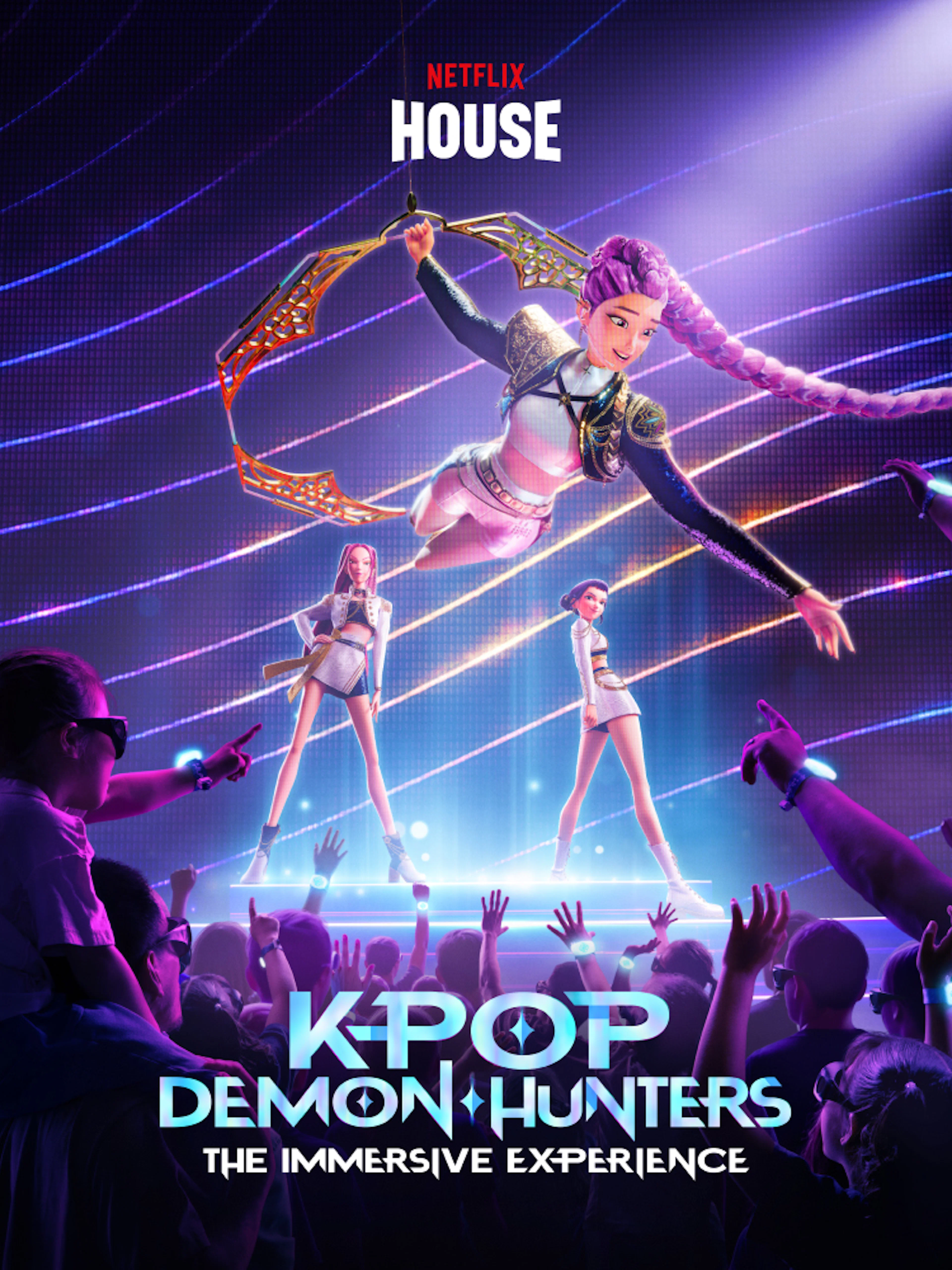 Kpop Demon Hunters show at Netflix House Philadelphia with animated performers on stage.