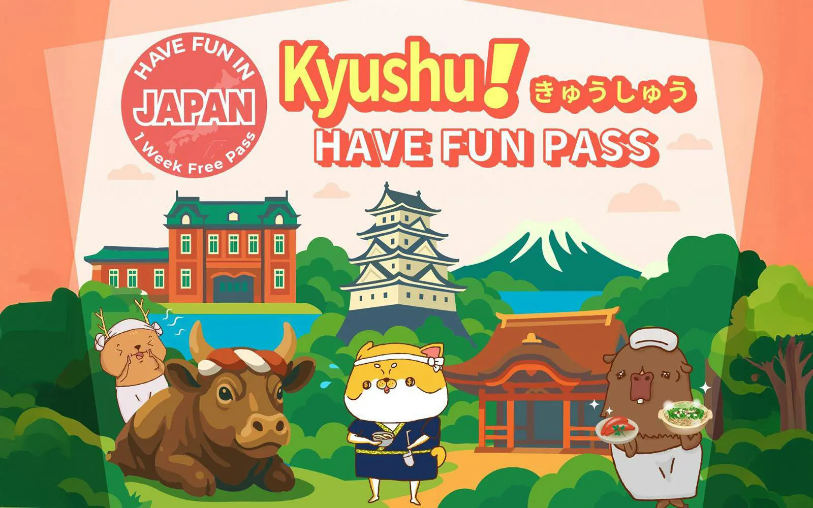 Kyushu Have Fun Pass illustration with landmarks, animals, and traditional architecture.