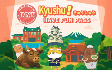 Kyushu Have Fun Pass illustration with landmarks, animals, and traditional architecture.
