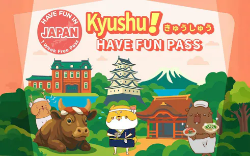Kyushu Have Fun Pass illustration with landmarks, animals, and traditional architecture.