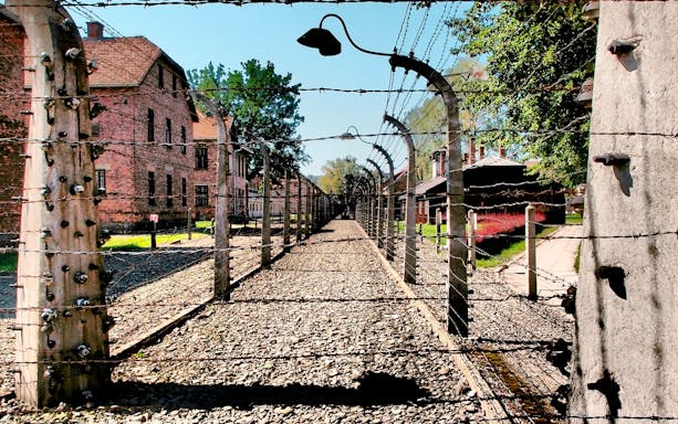 Barbed wire fence at Auschwitz-Birkenau concentration camp, Poland.