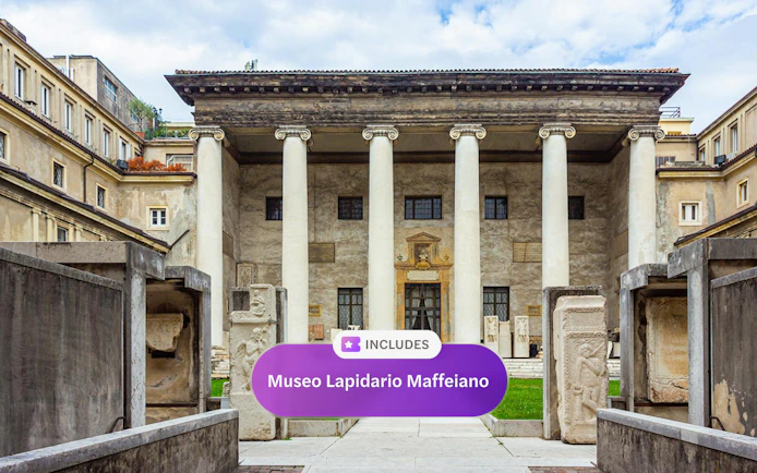Museo Lapidario Maffeiano entrance with ancient stone artifacts, Verona.