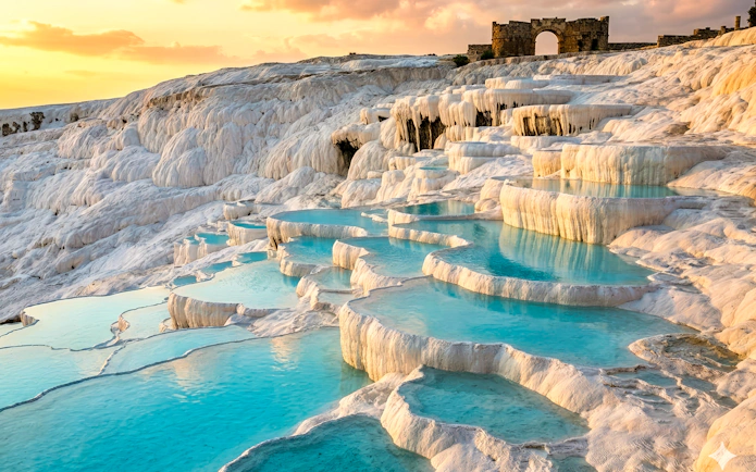 Pamukkale travertine terraces with turquoise pools at sunset, Turkey.