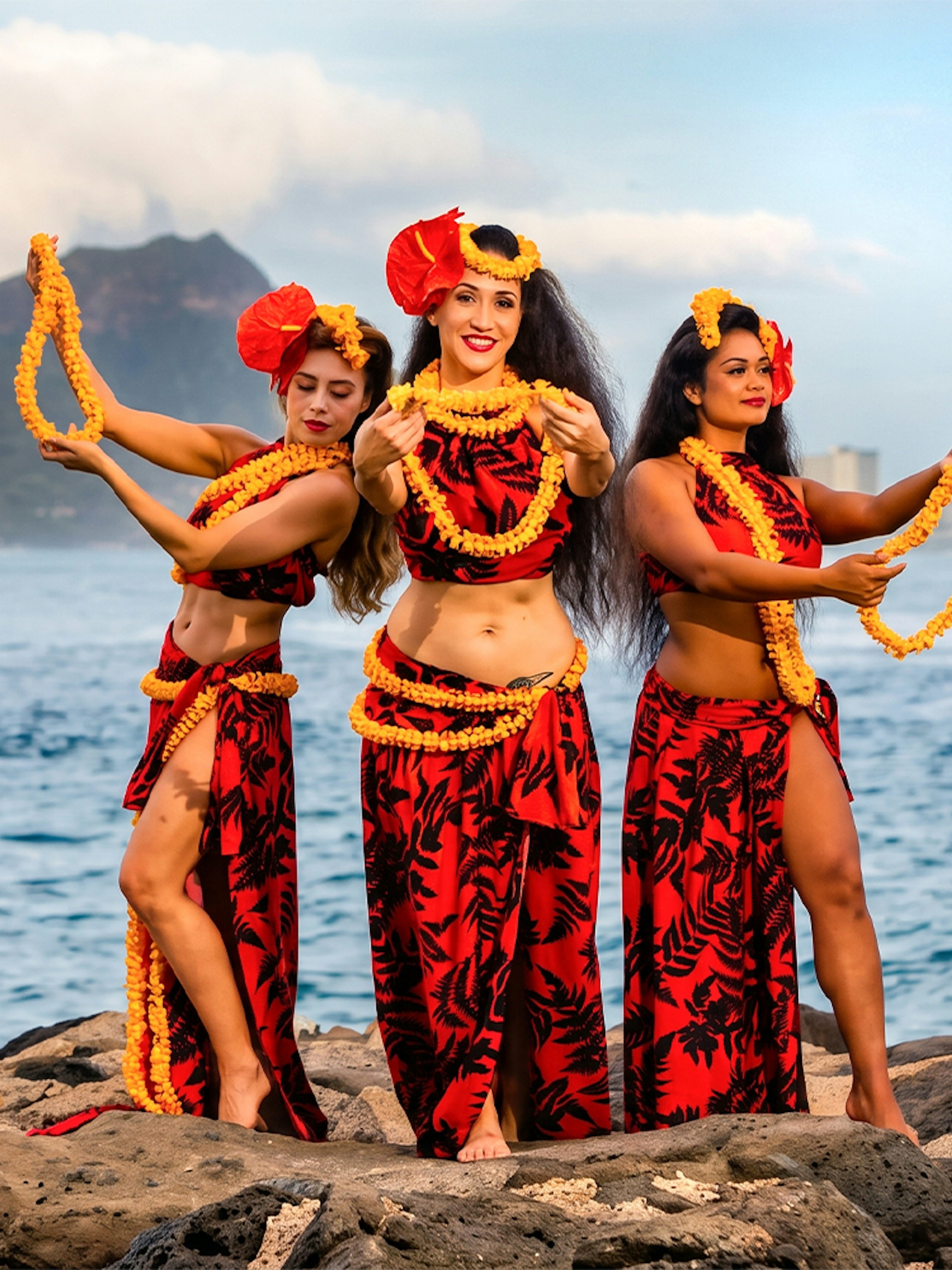 Hula dancers performing at Na Lei Aloha Luau, Waikīkī with ocean and mountain backdrop.