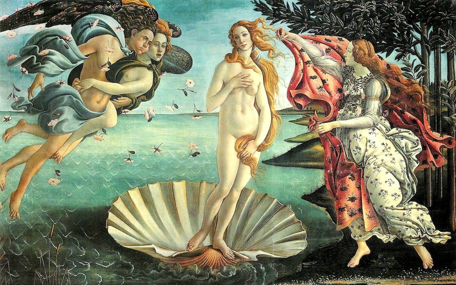 Botticelli's Birth of Venus painting depicting Venus on a shell with figures around her.