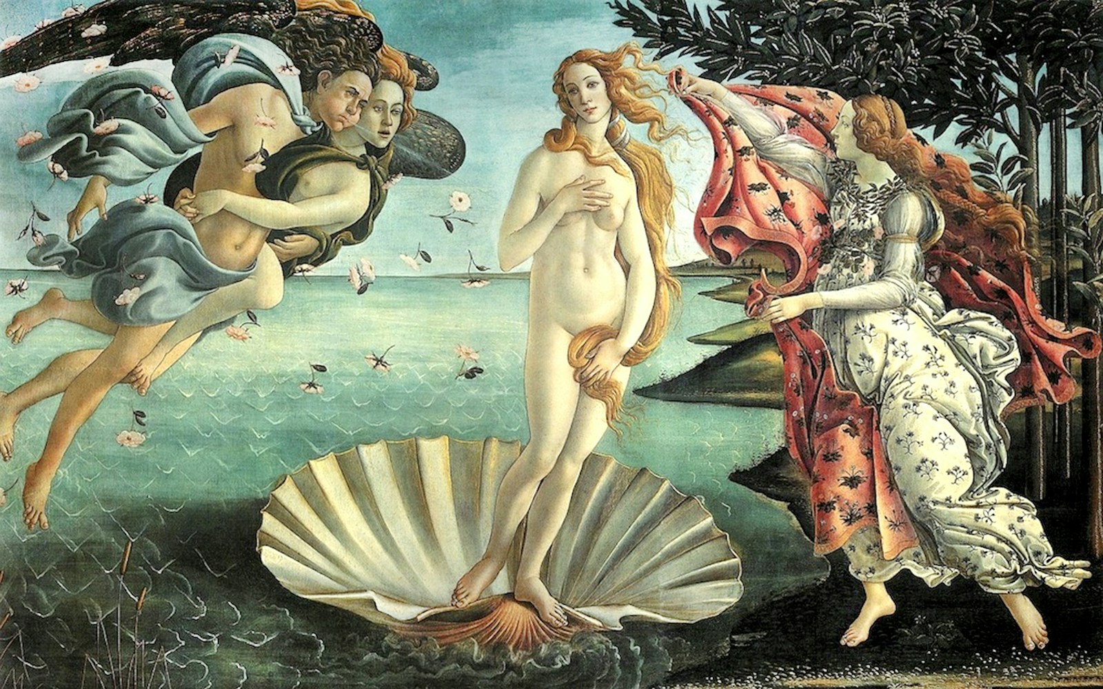 Botticelli's Birth of Venus painting depicting Venus on a shell with figures around her.